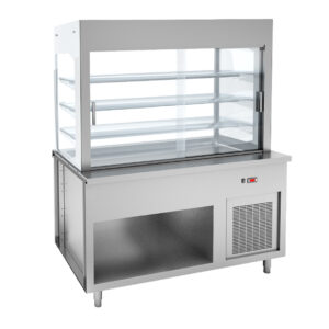 Angelo Po - SG4VRT - DREISTUFIGE VITRINE MIT ROLLVORHANG UND GEKÜHLTER WANNE AUF OFFENEM NEUTRALEM SCHRANK - 4 GN