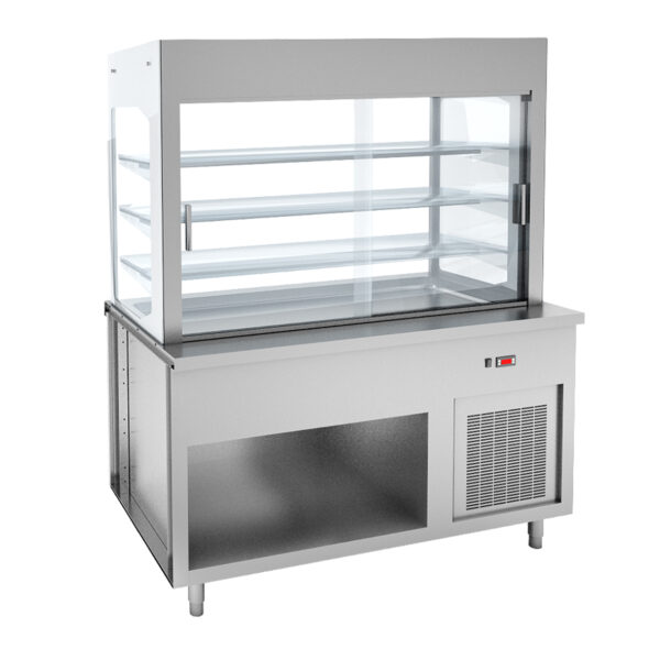 Angelo Po - SG4VRT - DREISTUFIGE VITRINE MIT ROLLVORHANG UND GEKÜHLTER WANNE AUF OFFENEM NEUTRALEM SCHRANK - 4 GN